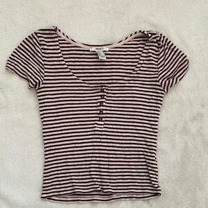 Forever 21 Pink & Black Striped Scoop Ribbed Tee with Button Front